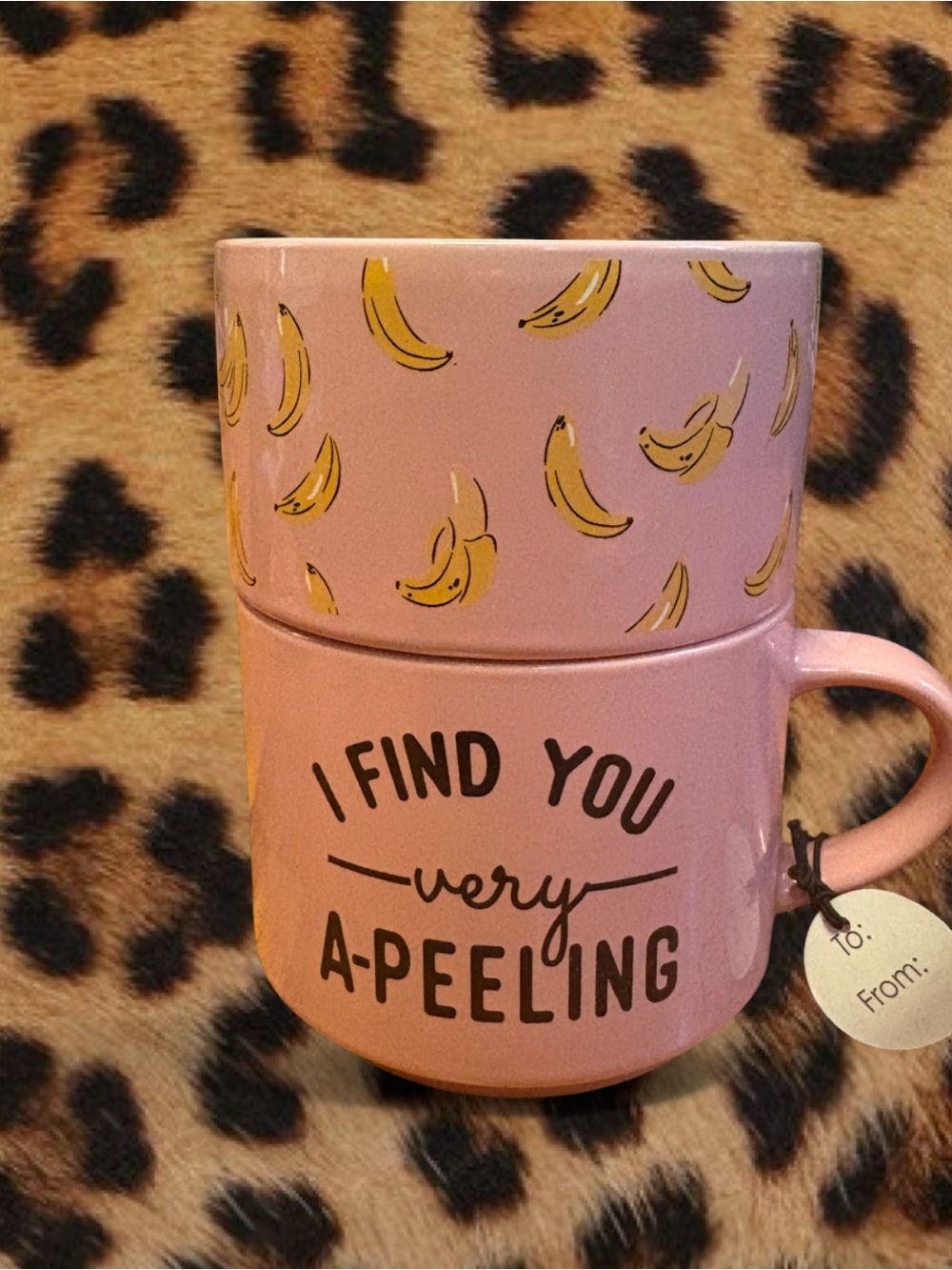 Boston Warehouse Pink Ceramic Mug/Bowl Set with Yellow Banana Motif